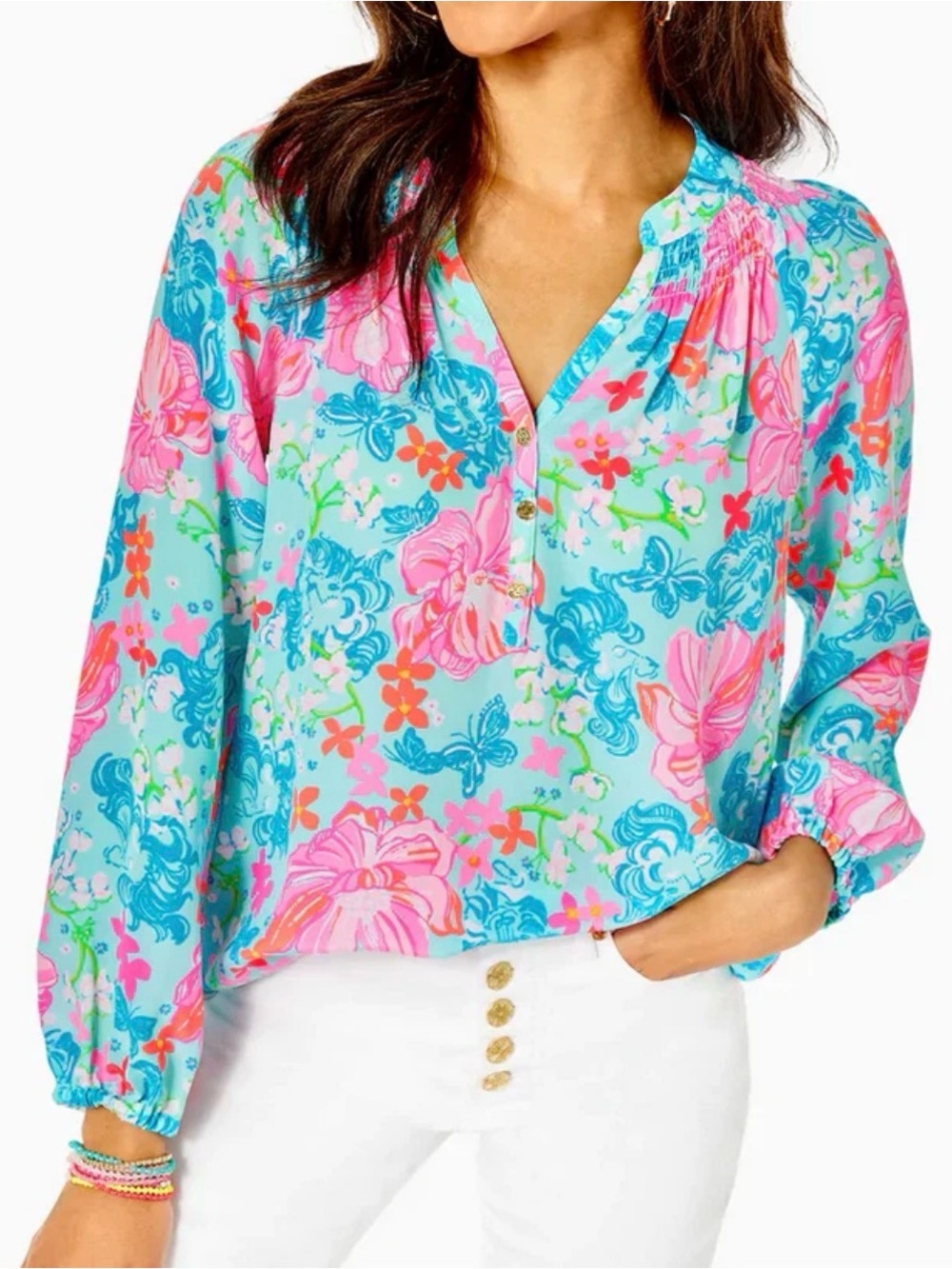 Lilly Pulitzer Elsa Silk Top Blouse Luscious Lions Surf Blue Size Floral XXL